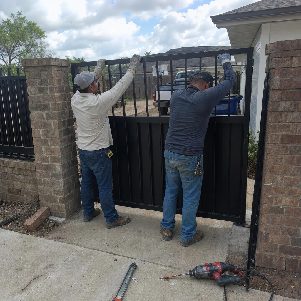 Two contractors performing professional black metal gate installation