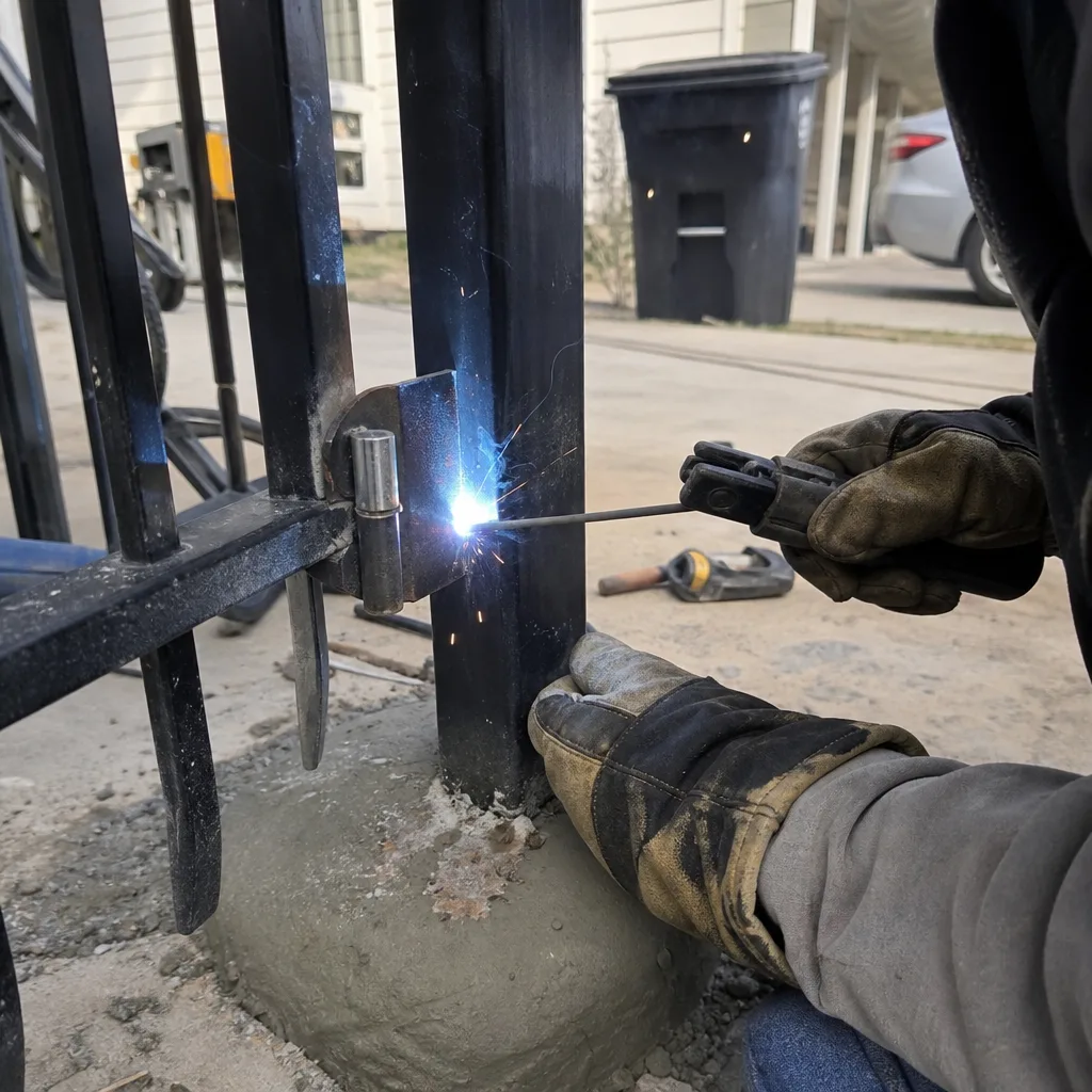 Welder installing a metal gate hinge on a fence post