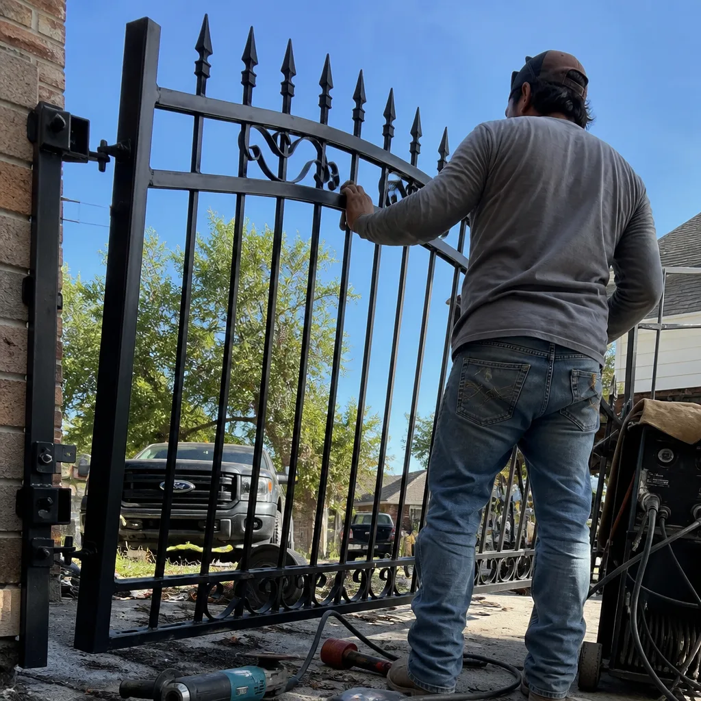 Professional technician installing a custom decorative metal driveway gate