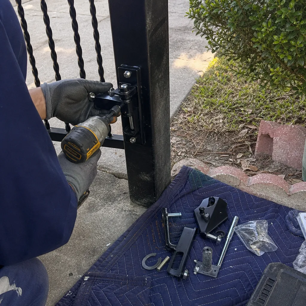 Technician using power tool to install a metal gate hinge