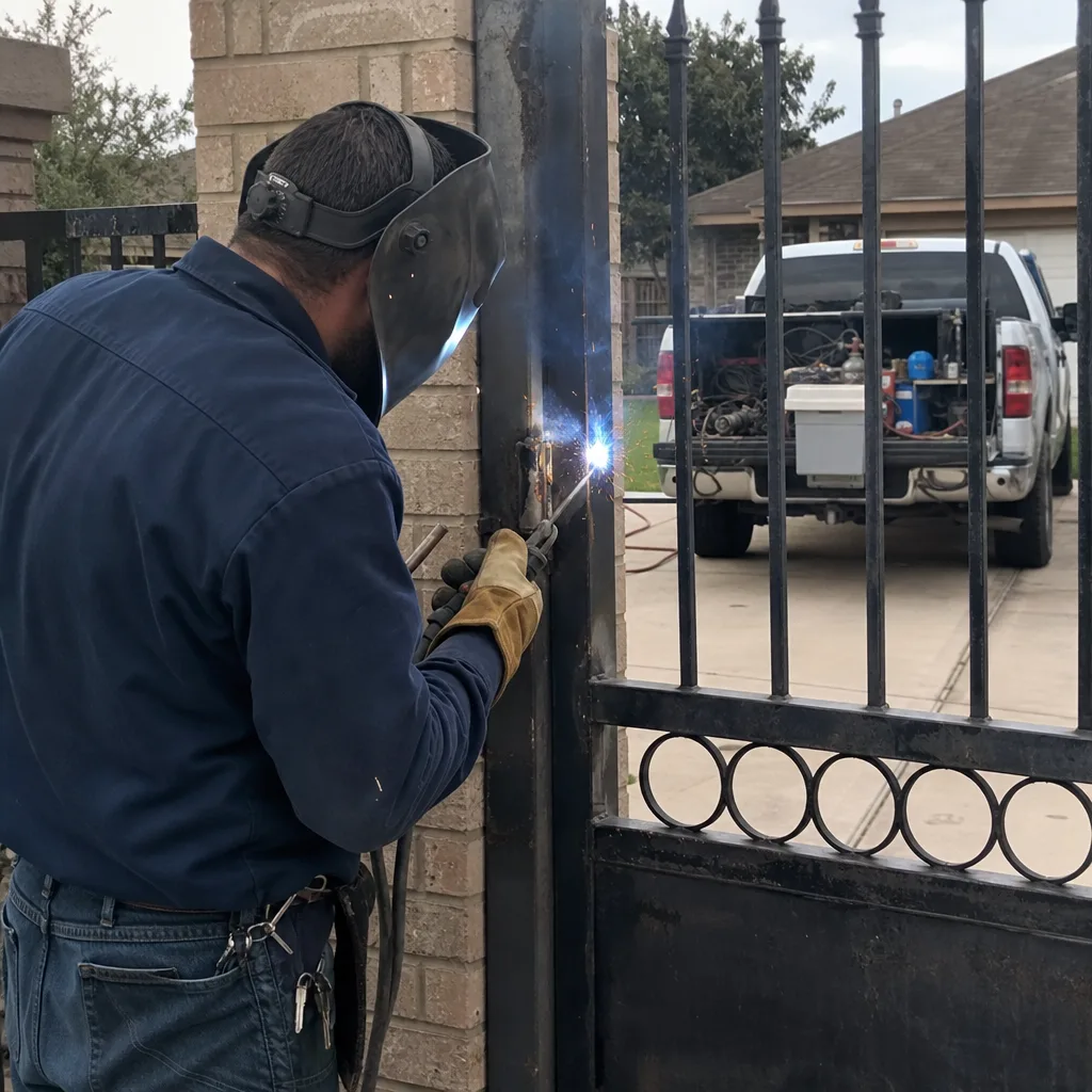 Professional technician performing metal gate repair and welding service.