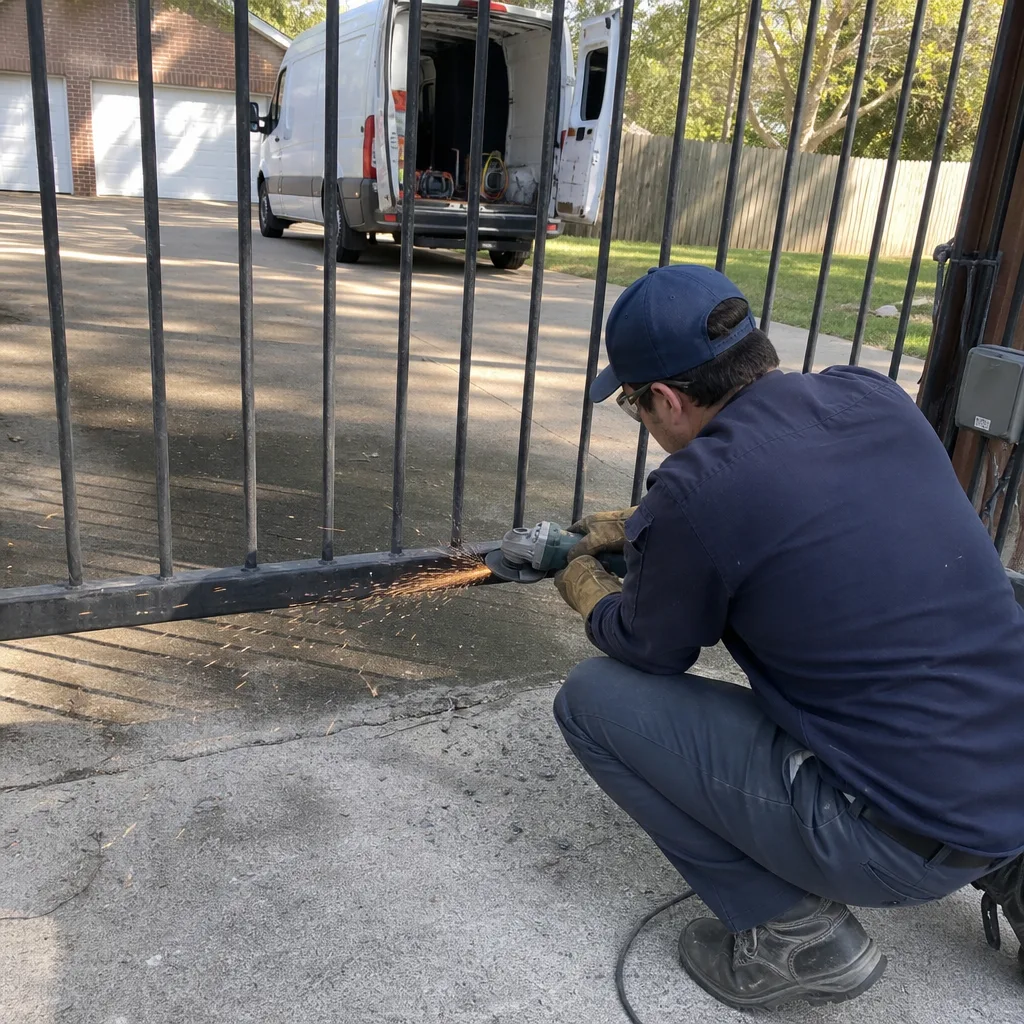 Technician using an angle grinder for metal gate repair services